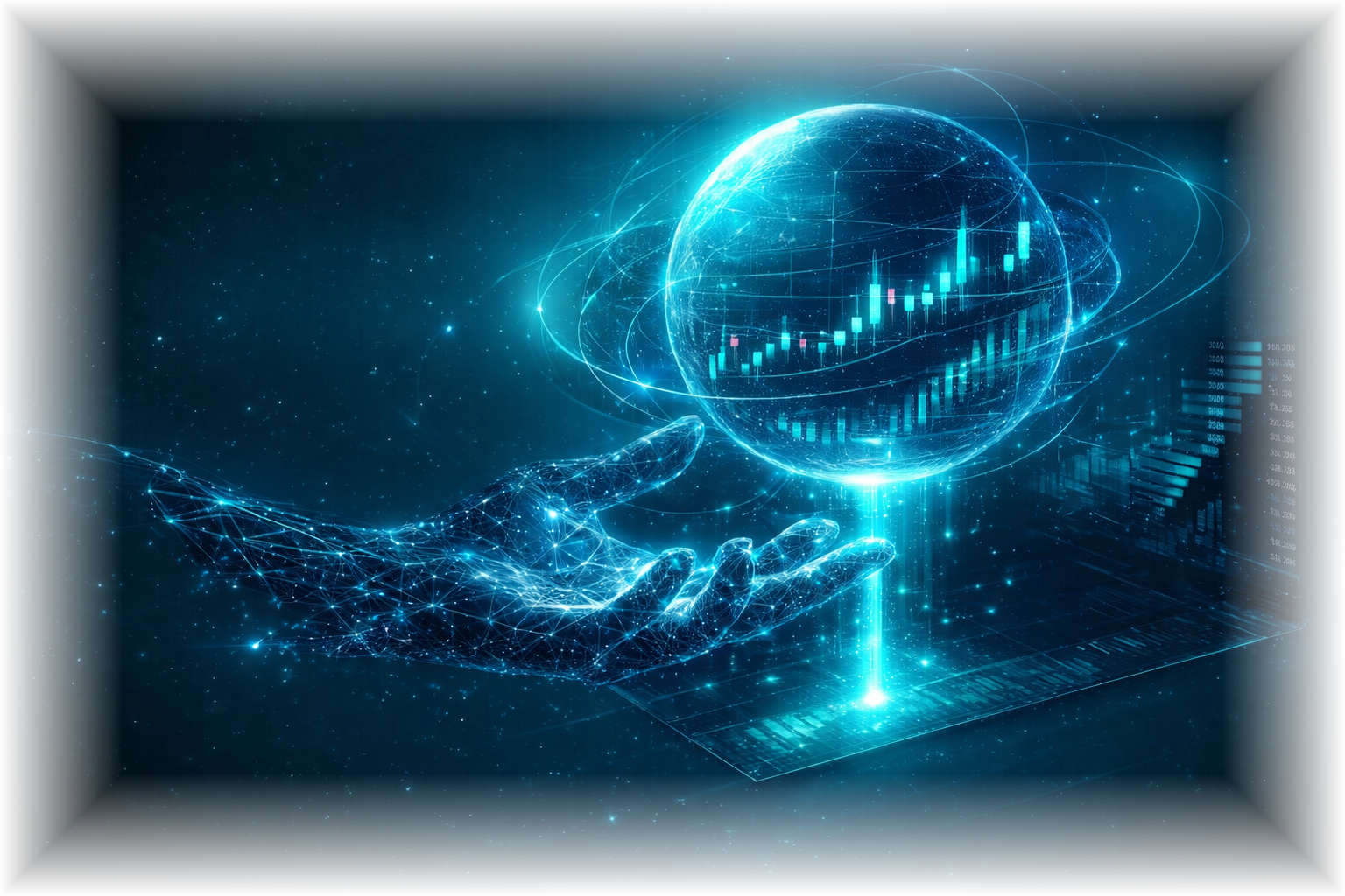 Digital hand holding a holographic trading globe with candlestick chart